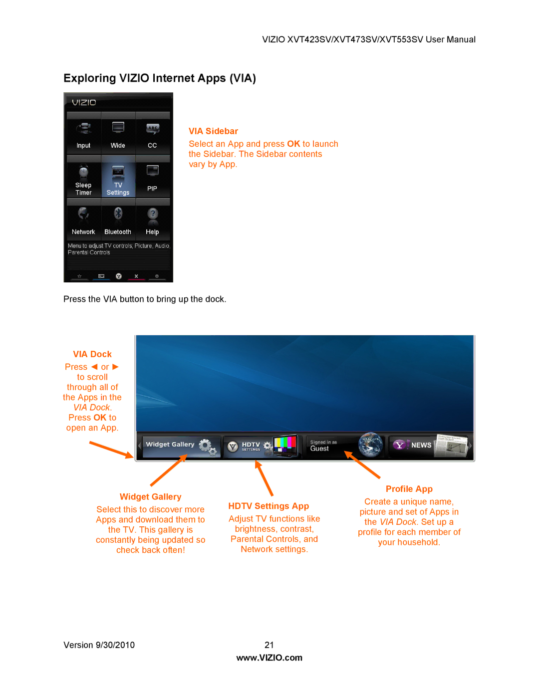 Vizio XVT473SV, XVT553SV, XVT423SV manual Exploring Vizio Internet Apps VIA, VIA Sidebar 