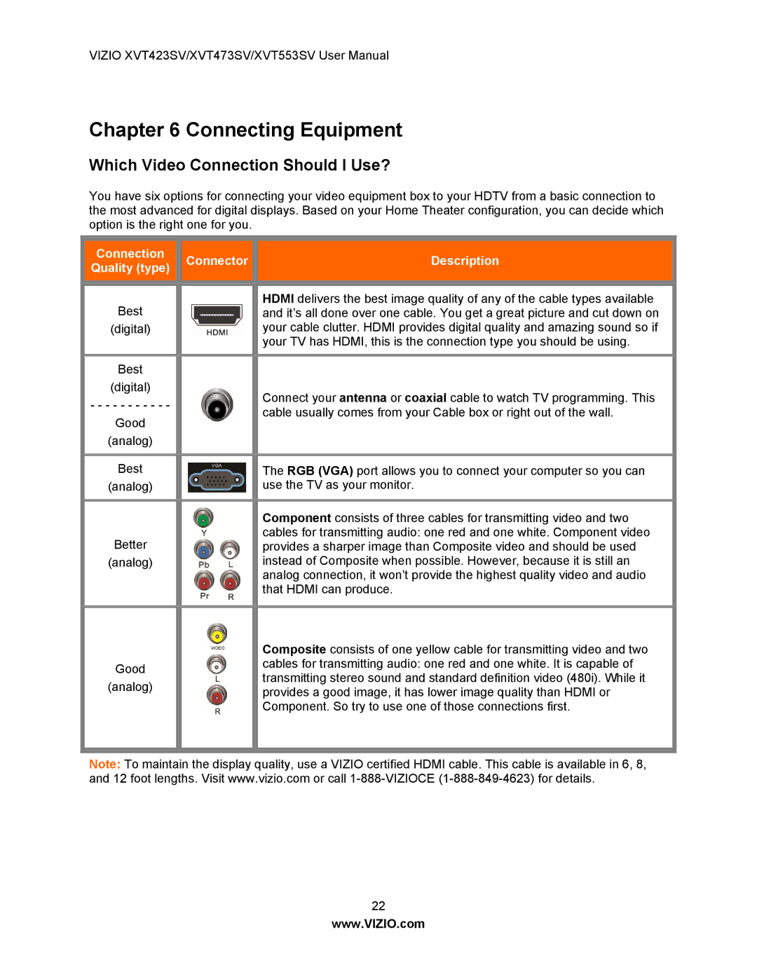 Vizio XVT423SV, XVT553SV, XVT473SV manual Connecting Equipment, Which Video Connection Should I Use? 