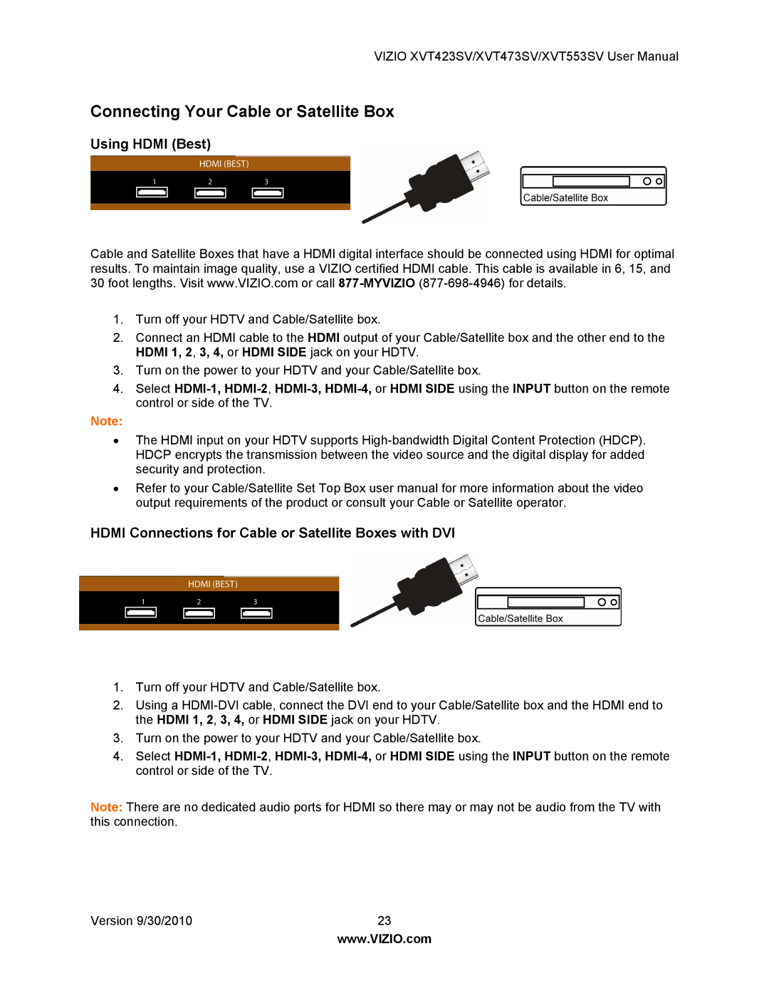 Vizio XVT553SV, XVT473SV, XVT423SV manual Connecting Your Cable or Satellite Box, Using Hdmi Best 