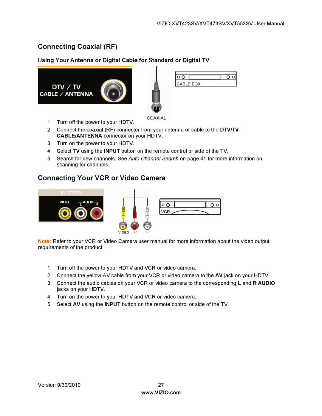 Vizio XVT473SV, XVT553SV, XVT423SV manual Connecting Coaxial RF, Connecting Your VCR or Video Camera 