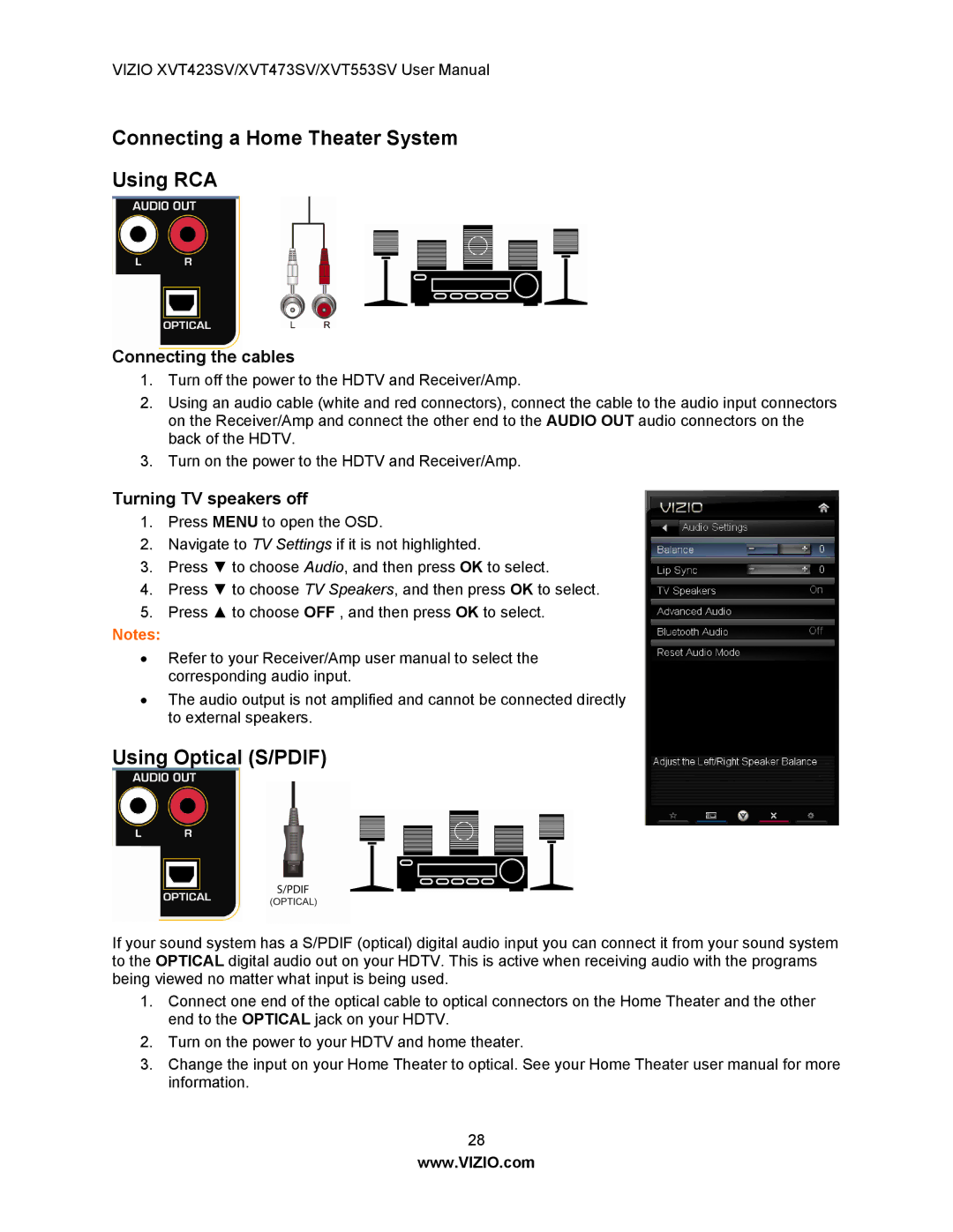 Vizio XVT423SV, XVT553SV, XVT473SV Connecting a Home Theater System Using RCA, Using Optical S/PDIF, Connecting the cables 