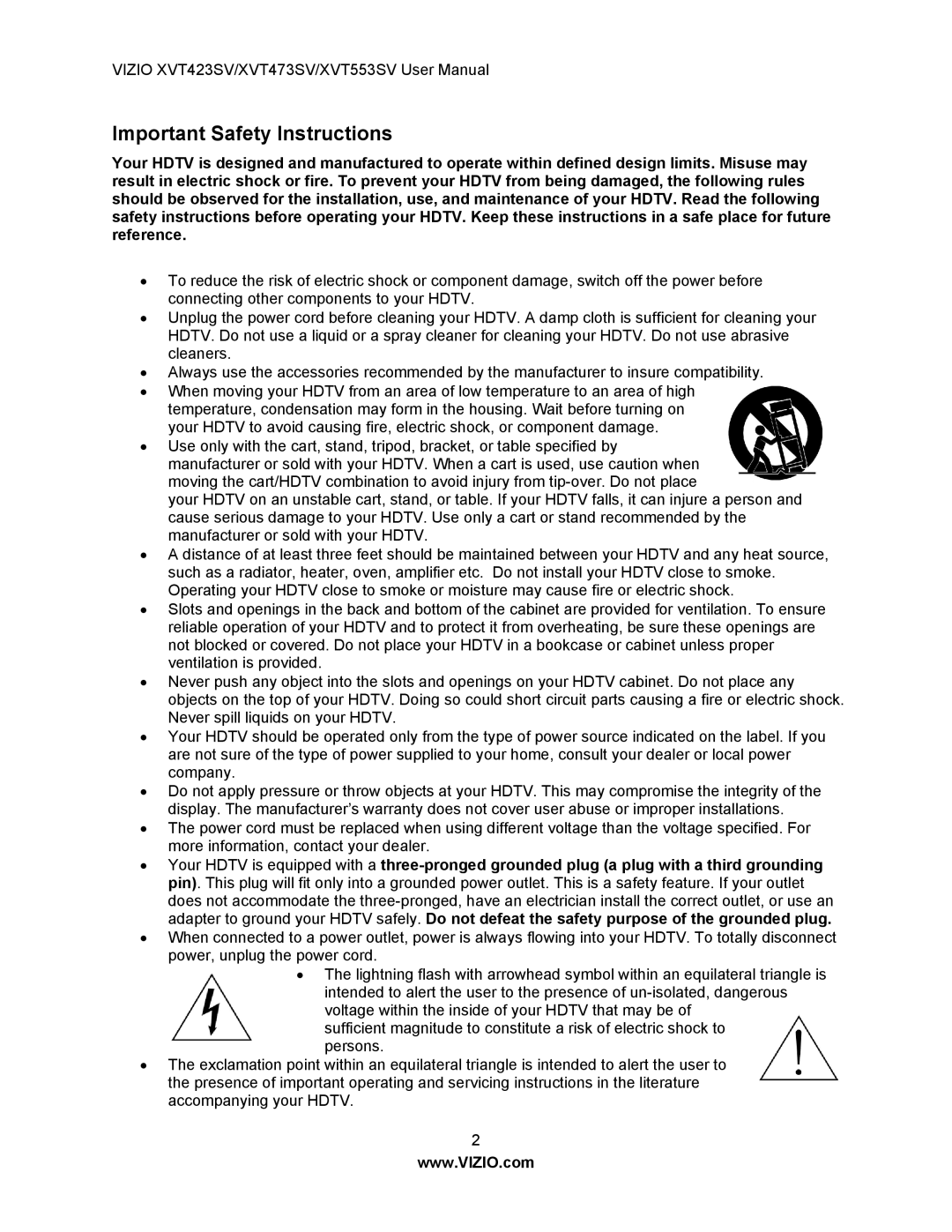 Vizio XVT553SV, XVT473SV, XVT423SV manual Important Safety Instructions 