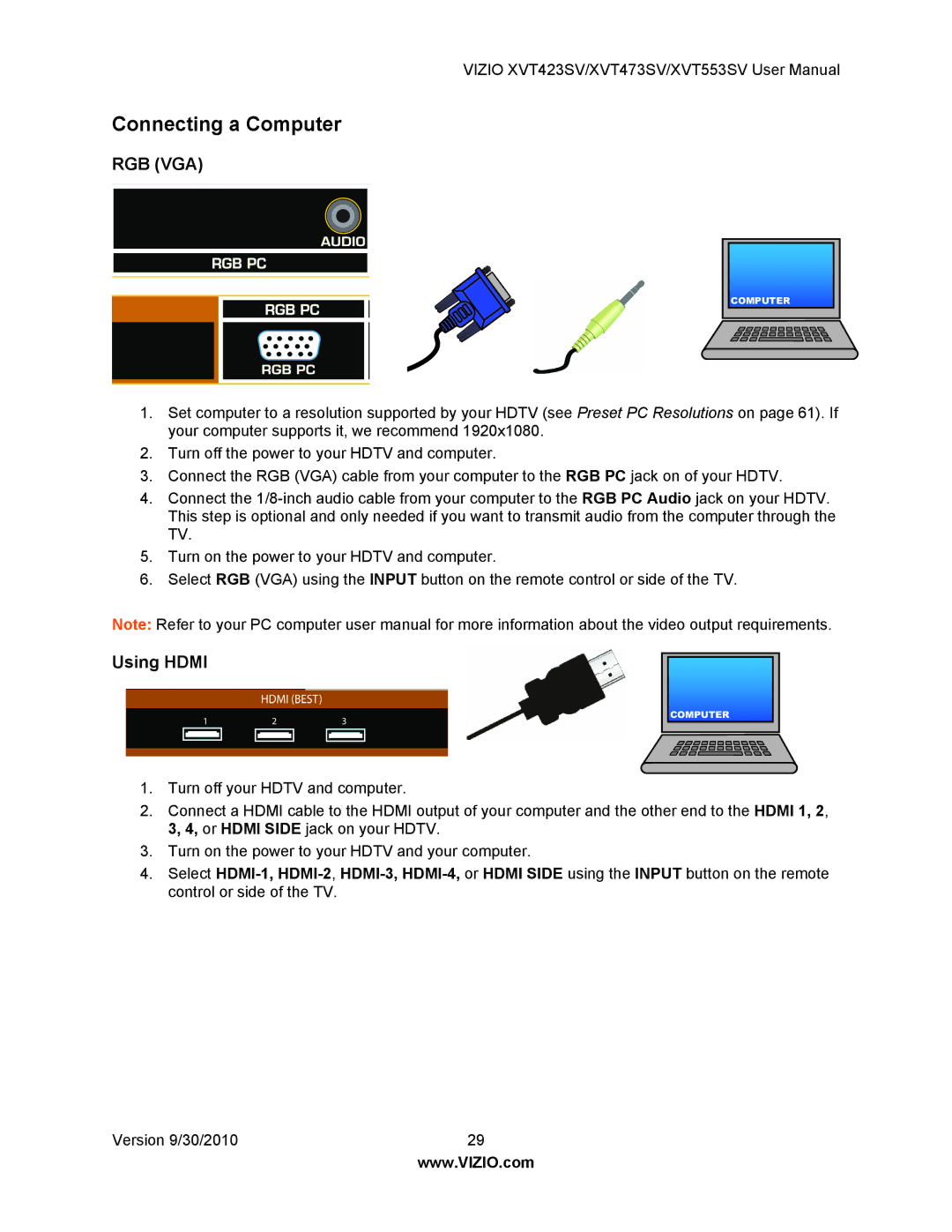 Vizio XVT553SV, XVT473SV, XVT423SV manual Connecting a Computer, Using Hdmi 