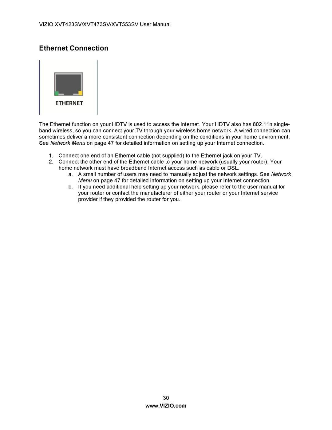 Vizio XVT473SV, XVT553SV, XVT423SV manual Ethernet Connection 
