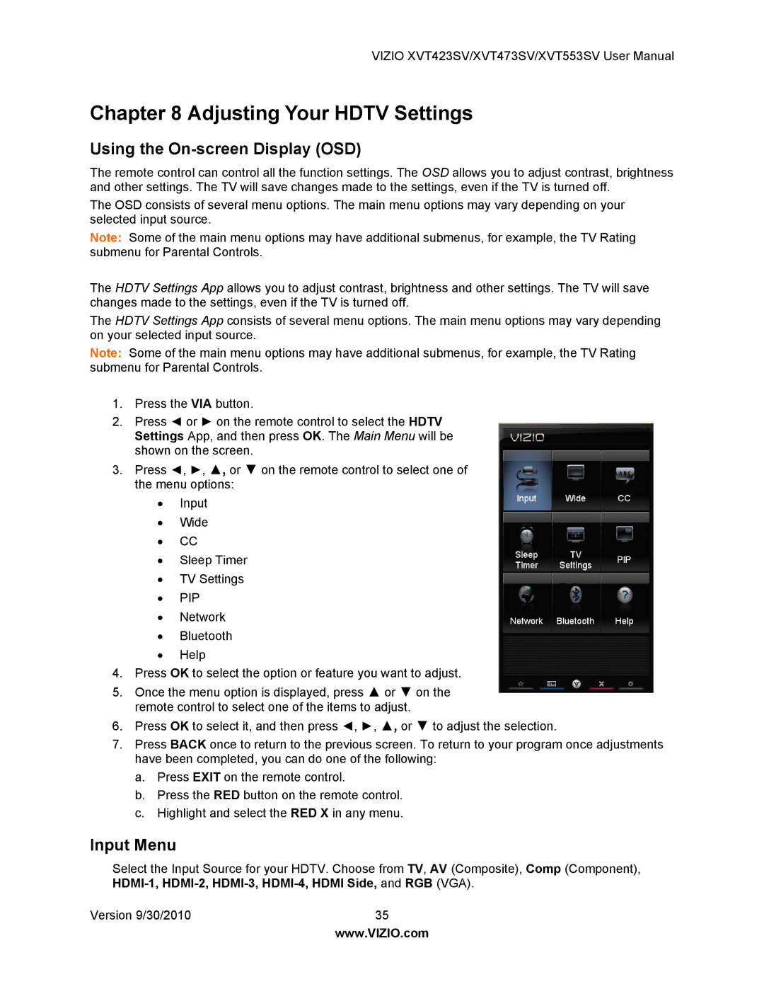 Vizio XVT553SV, XVT473SV, XVT423SV manual Adjusting Your Hdtv Settings, Using the On-screen Display OSD, Input Menu 