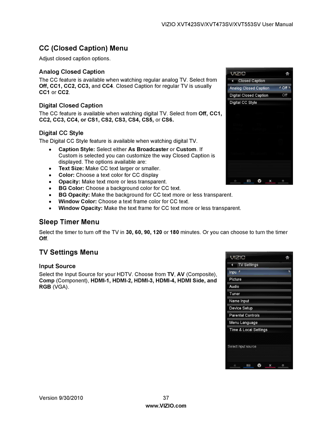 Vizio XVT423SV, XVT553SV, XVT473SV manual CC Closed Caption Menu, Sleep Timer Menu, TV Settings Menu 