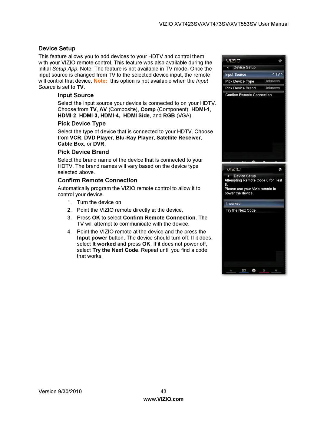 Vizio XVT423SV, XVT553SV, XVT473SV manual Device Setup, Pick Device Type, Pick Device Brand, Confirm Remote Connection 