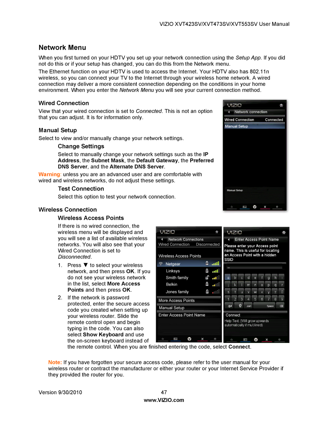 Vizio XVT553SV, XVT473SV, XVT423SV manual Network Menu 