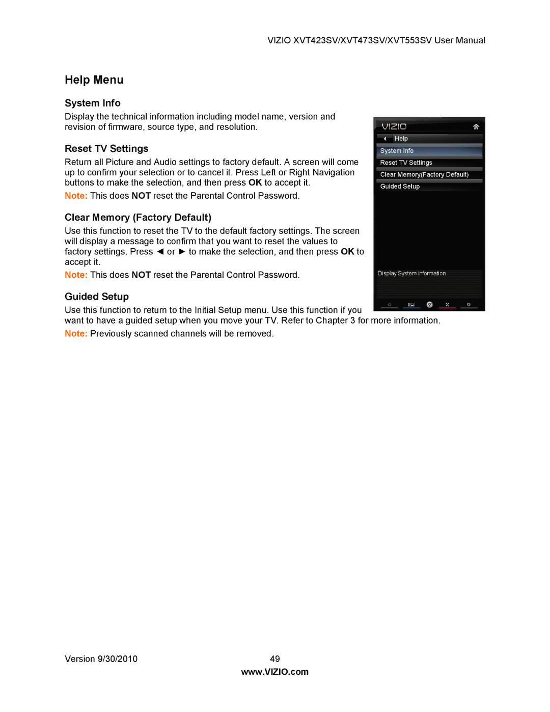 Vizio XVT423SV, XVT553SV, XVT473SV Help Menu, System Info, Reset TV Settings, Clear Memory Factory Default, Guided Setup 