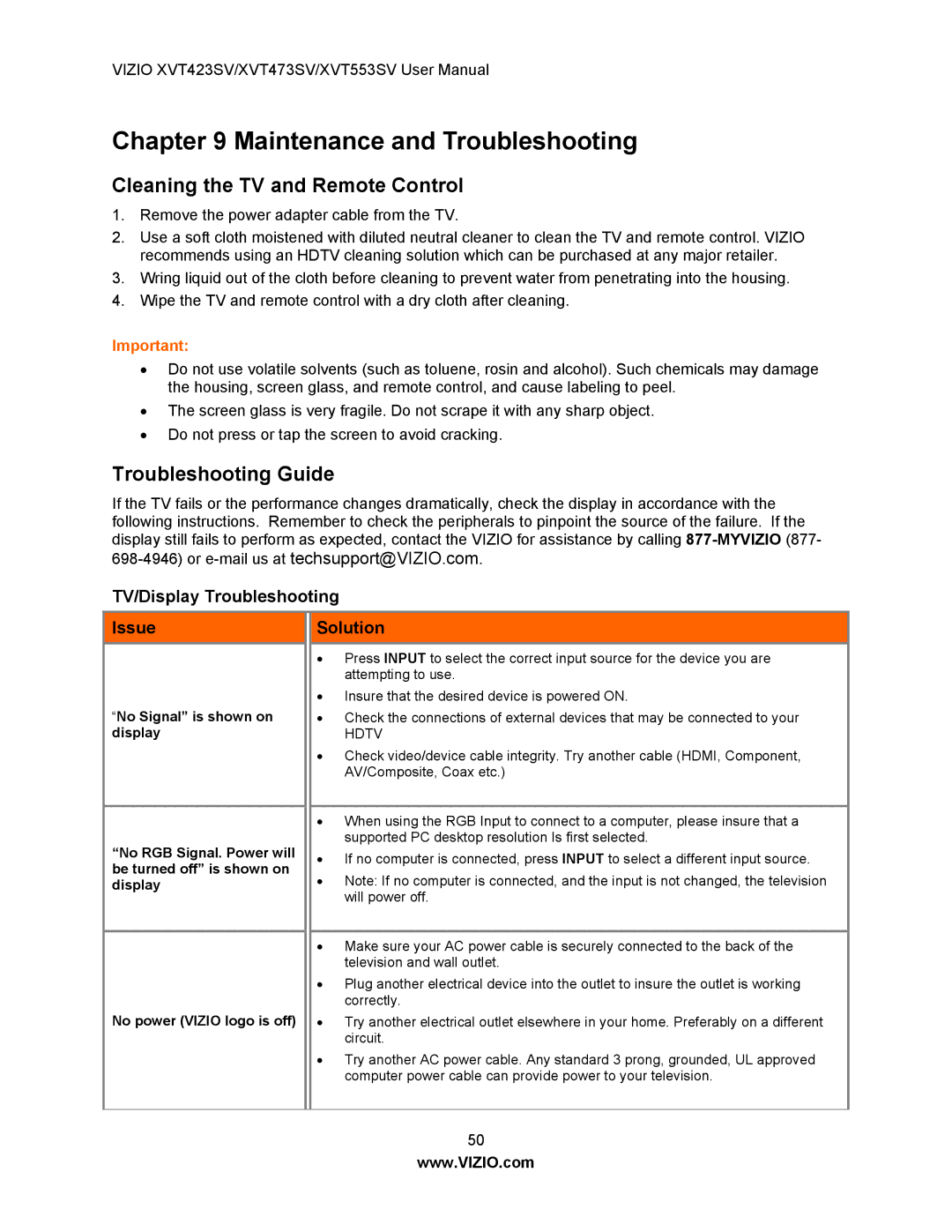 Vizio XVT553SV, XVT473SV manual Maintenance and Troubleshooting, Cleaning the TV and Remote Control, Troubleshooting Guide 