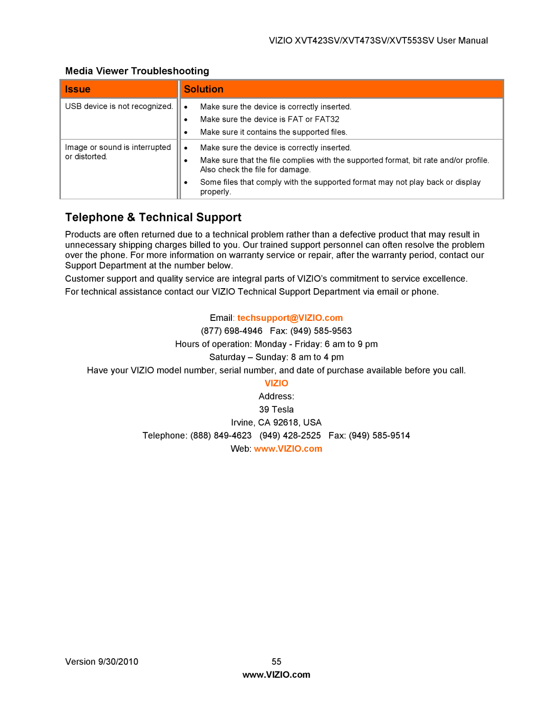 Vizio XVT423SV, XVT553SV, XVT473SV manual Telephone & Technical Support, Media Viewer Troubleshooting Issue Solution 