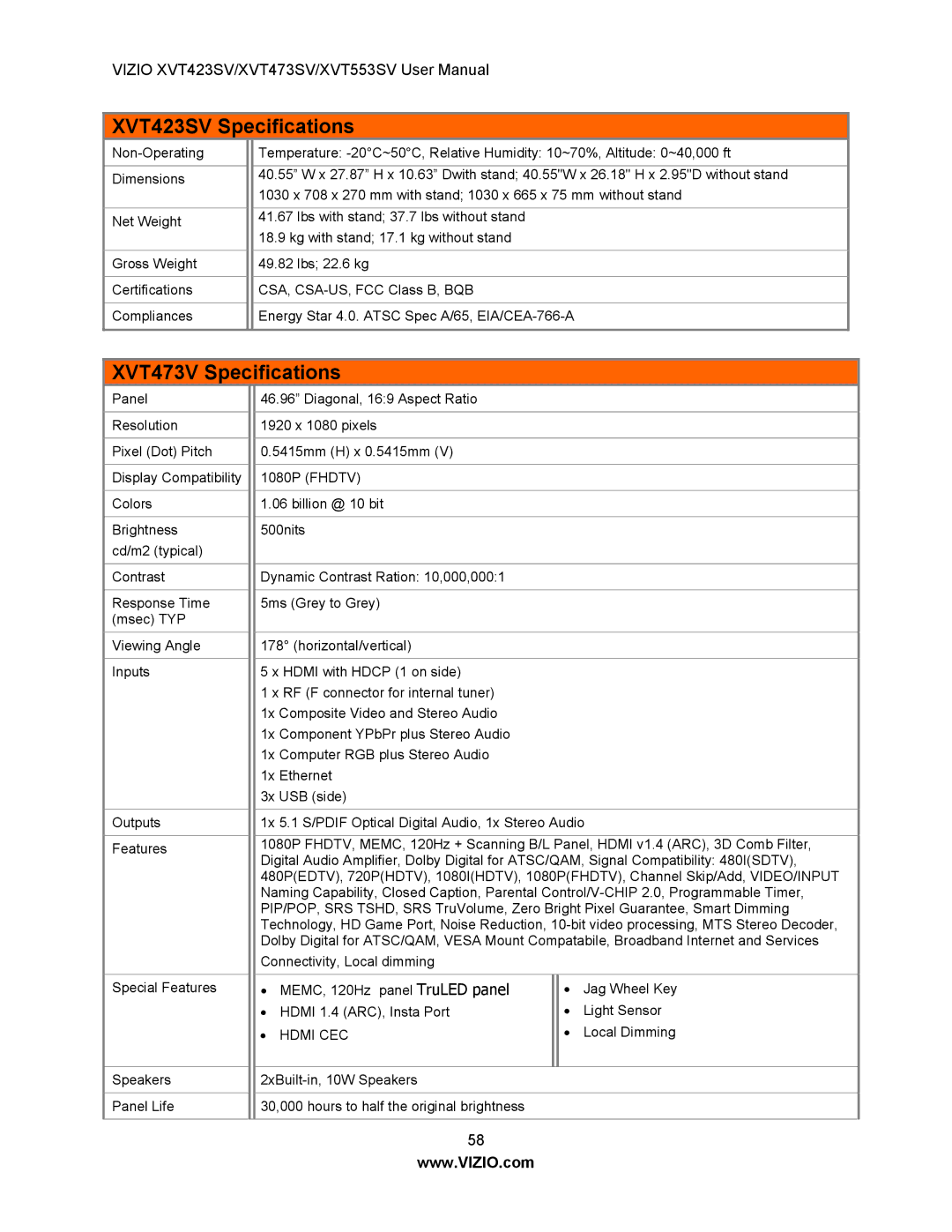 Vizio XVT423SV, XVT553SV, XVT473SV manual XVT473V Specifications 