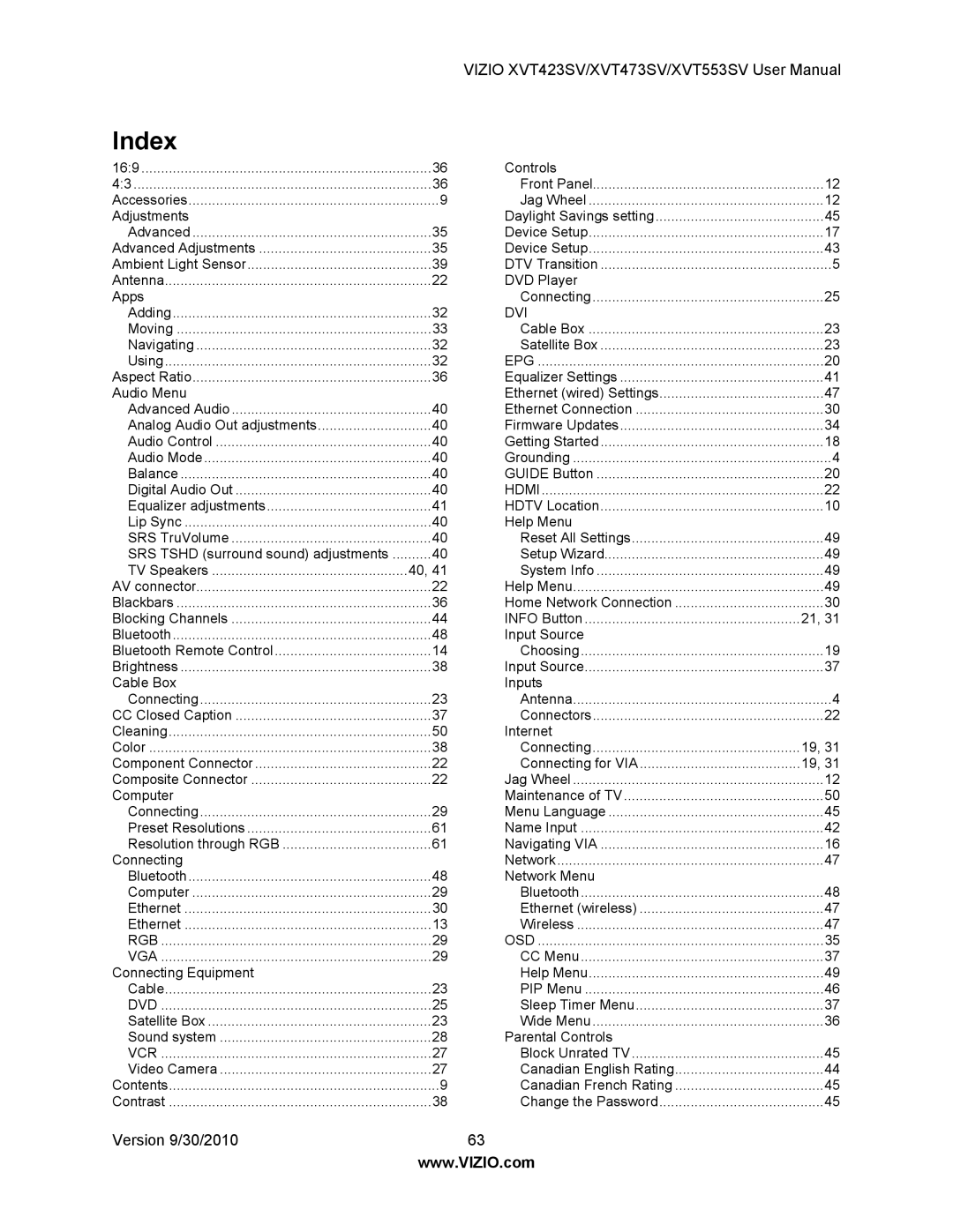 Vizio XVT473SV, XVT553SV, XVT423SV manual Index, Epg 