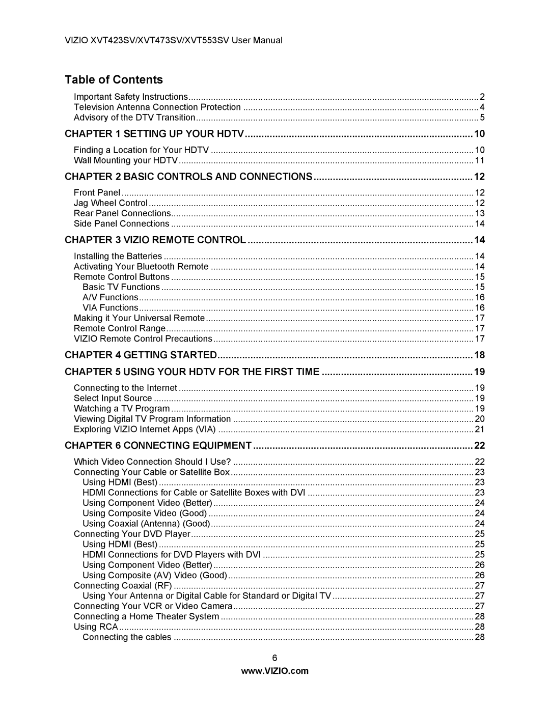 Vizio XVT473SV, XVT553SV, XVT423SV manual Table of Contents 