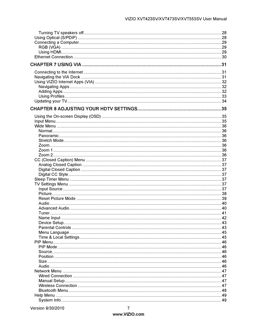 Vizio XVT423SV, XVT553SV, XVT473SV manual Using VIA 