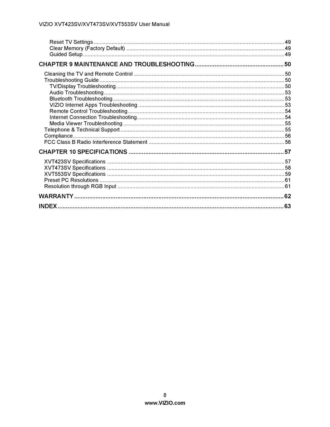 Vizio XVT553SV, XVT473SV, XVT423SV manual Warranty Index 