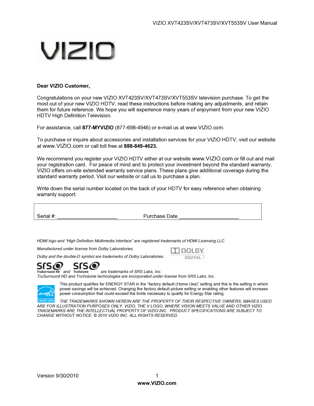 Vizio XVT553SV manual Dear Vizio Customer 