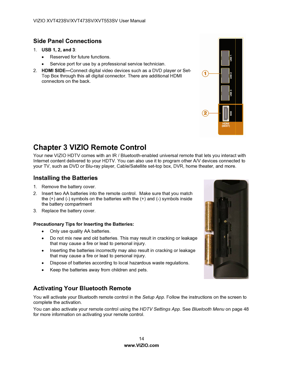 Vizio XVT553SV Vizio Remote Control, Side Panel Connections, Installing the Batteries, Activating Your Bluetooth Remote 