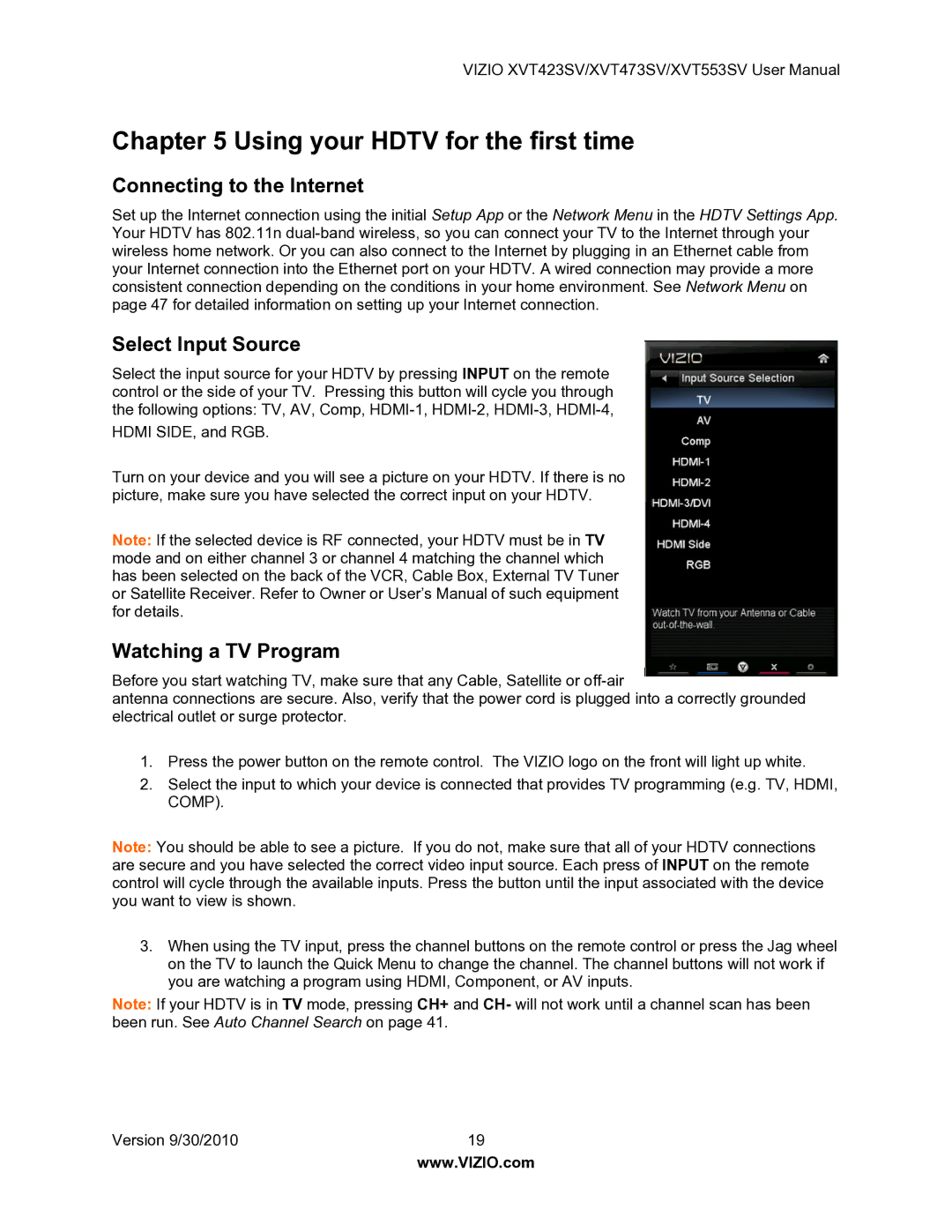 Vizio XVT553SV Using your Hdtv for the first time, Connecting to the Internet, Select Input Source, Watching a TV Program 