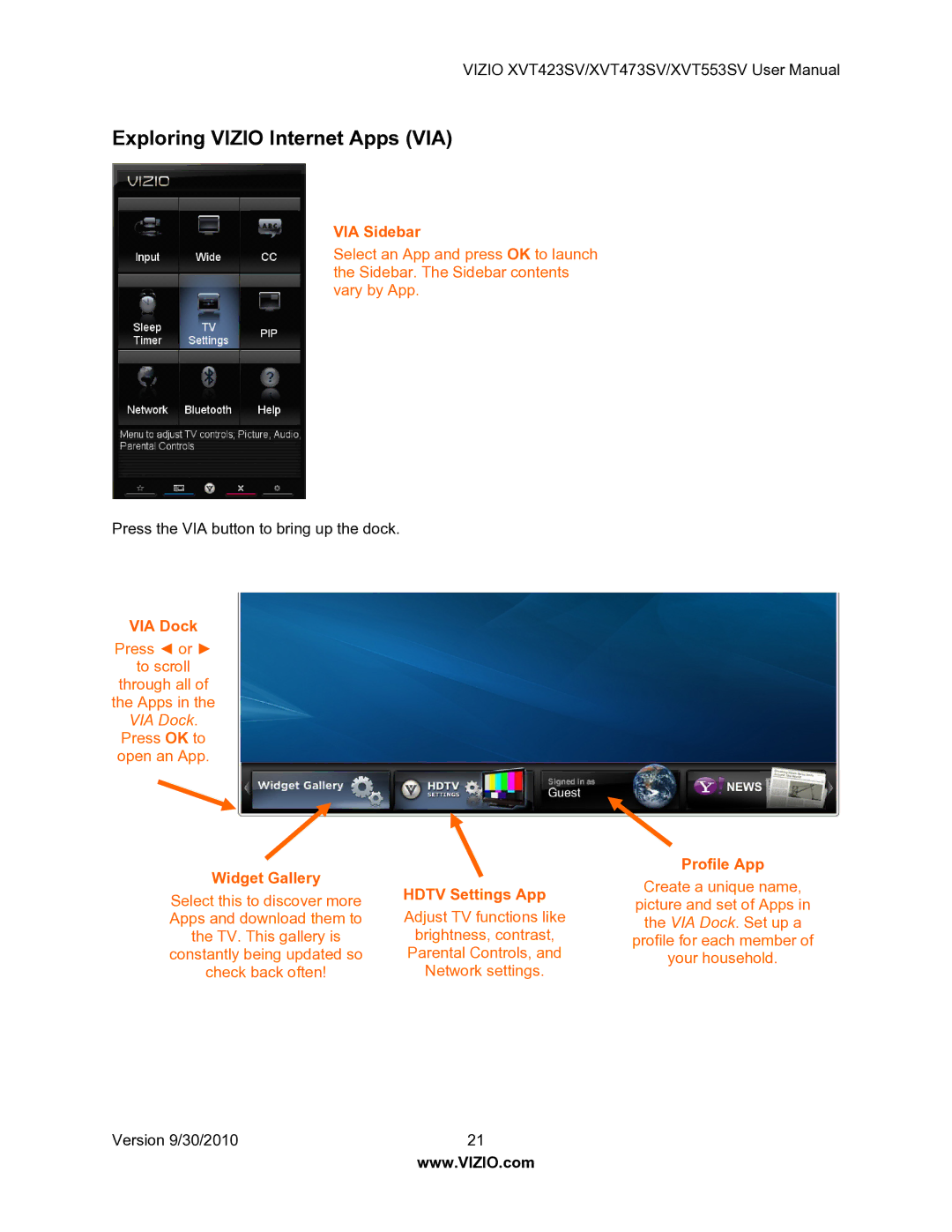 Vizio XVT553SV manual Exploring Vizio Internet Apps VIA, VIA Sidebar 