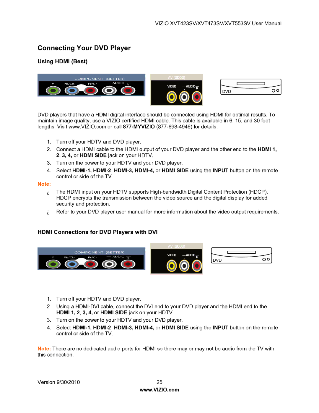 Vizio XVT553SV manual Connecting Your DVD Player, Hdmi Connections for DVD Players with DVI 