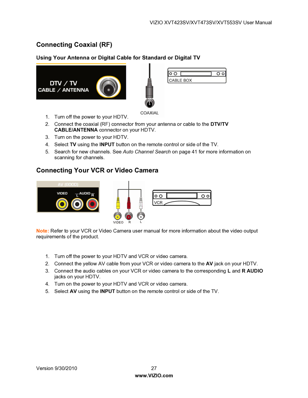 Vizio XVT553SV manual Connecting Coaxial RF, Connecting Your VCR or Video Camera 