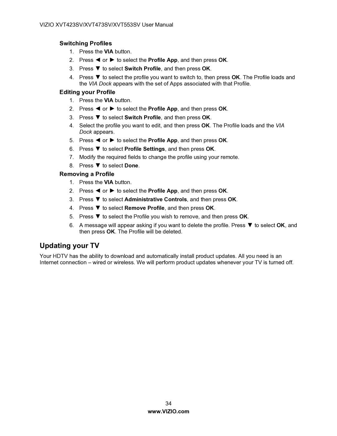 Vizio XVT553SV manual Updating your TV, Switching Profiles, Editing your Profile, Removing a Profile 