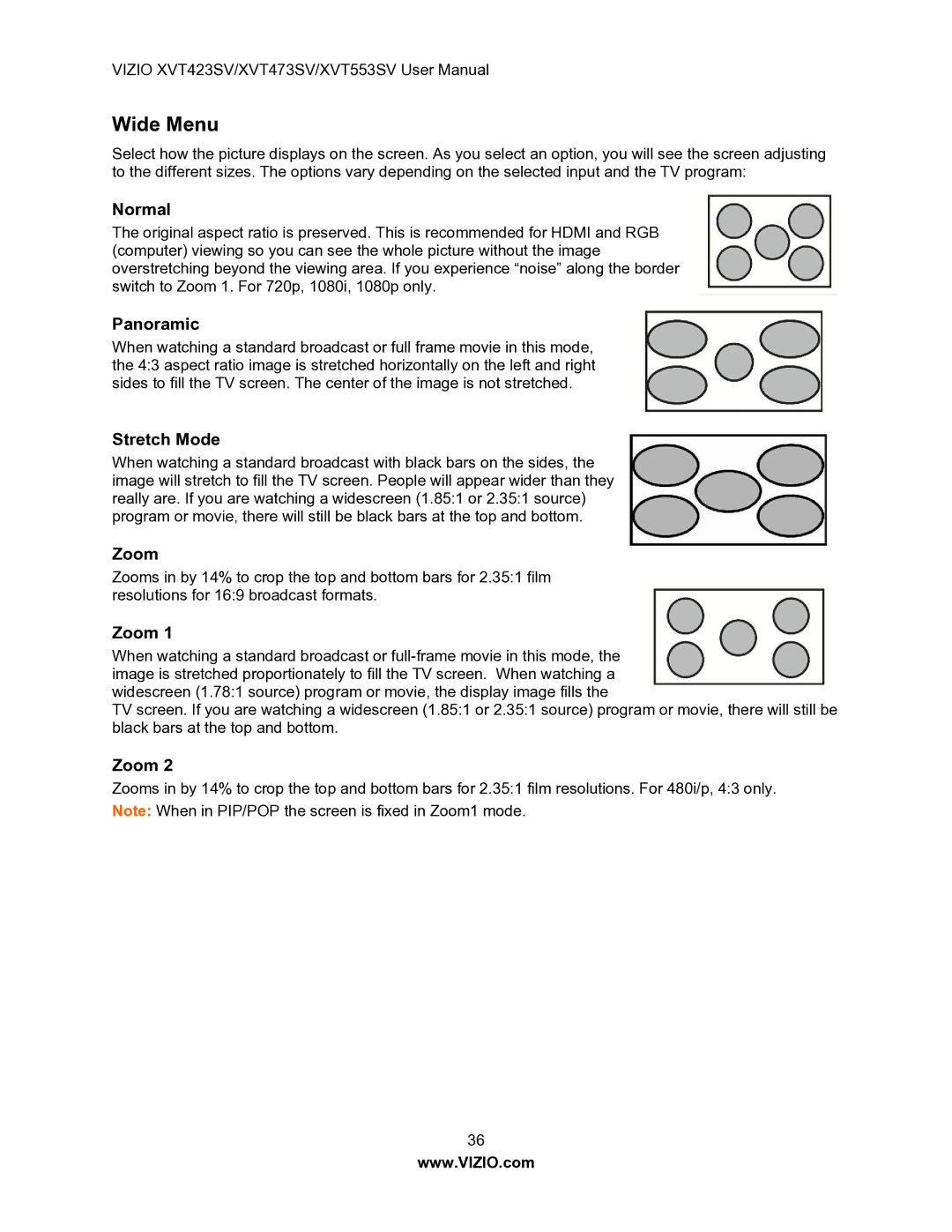 Vizio XVT553SV manual Wide Menu, Normal, Panoramic, Stretch Mode, Zoom 