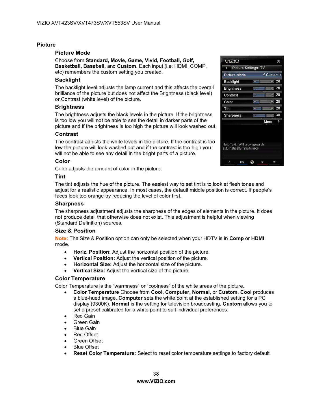 Vizio XVT553SV manual Picture Picture Mode, Backlight, Brightness, Contrast, Color, Tint, Sharpness, Size & Position 