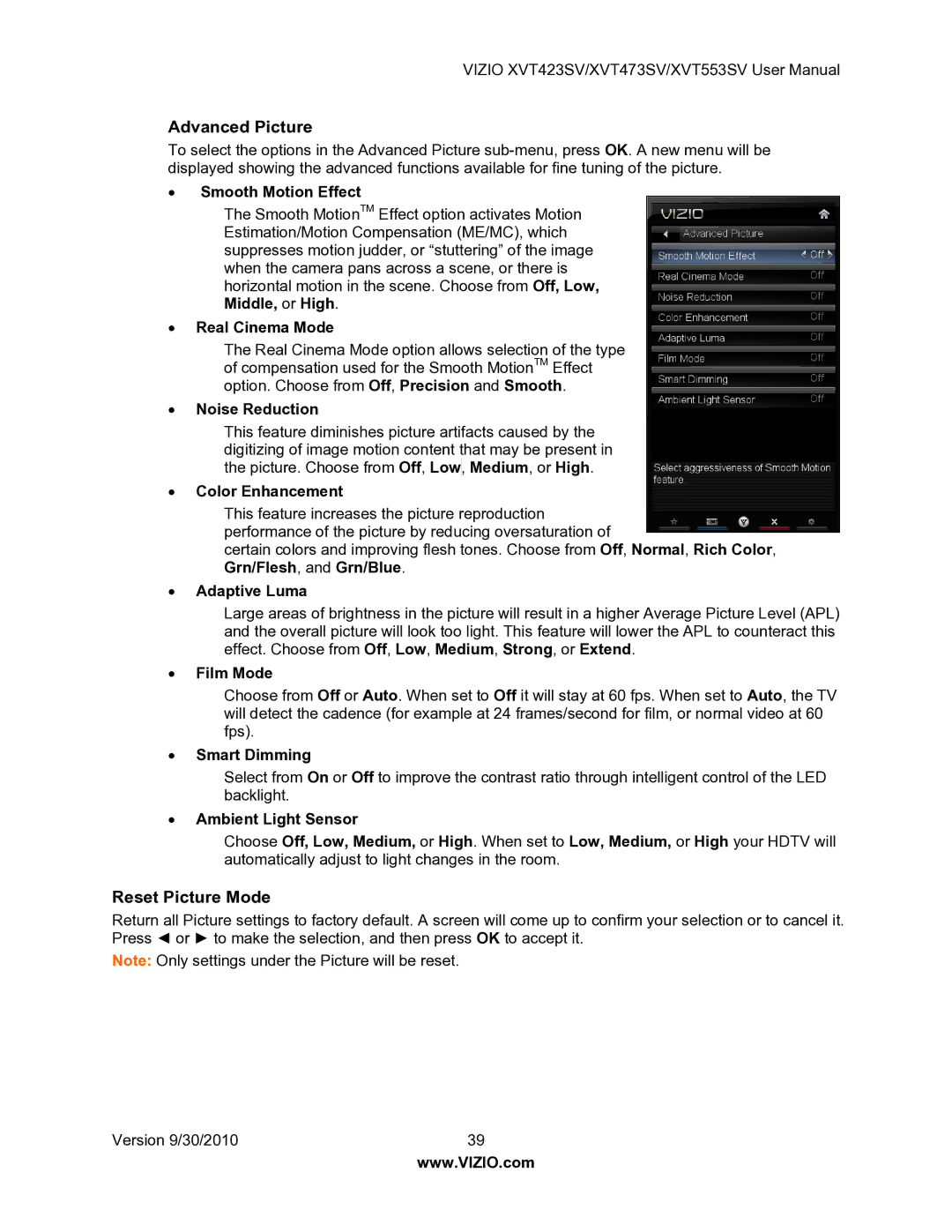 Vizio XVT553SV manual Advanced Picture, Reset Picture Mode 