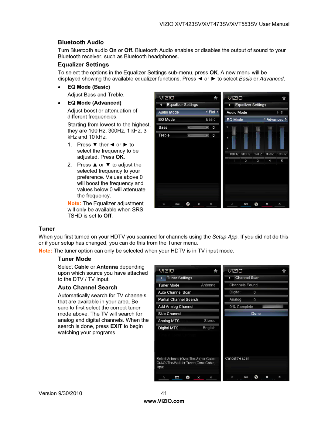 Vizio XVT553SV manual Bluetooth Audio, Equalizer Settings, Tuner Mode, Auto Channel Search 