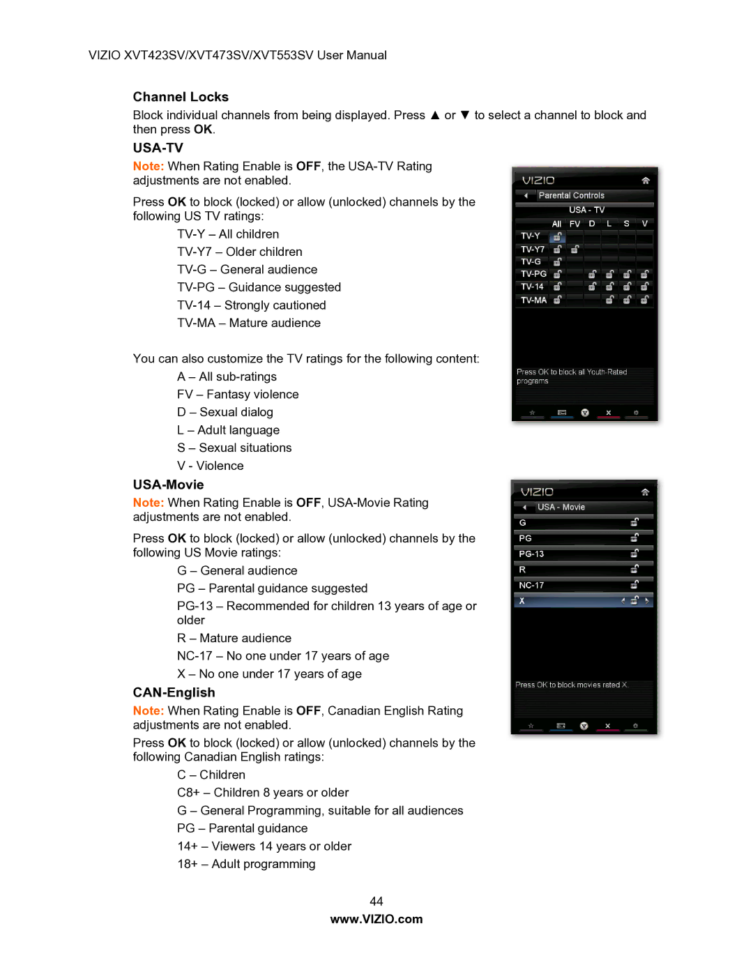 Vizio XVT553SV manual Channel Locks, USA-Movie, CAN-English 