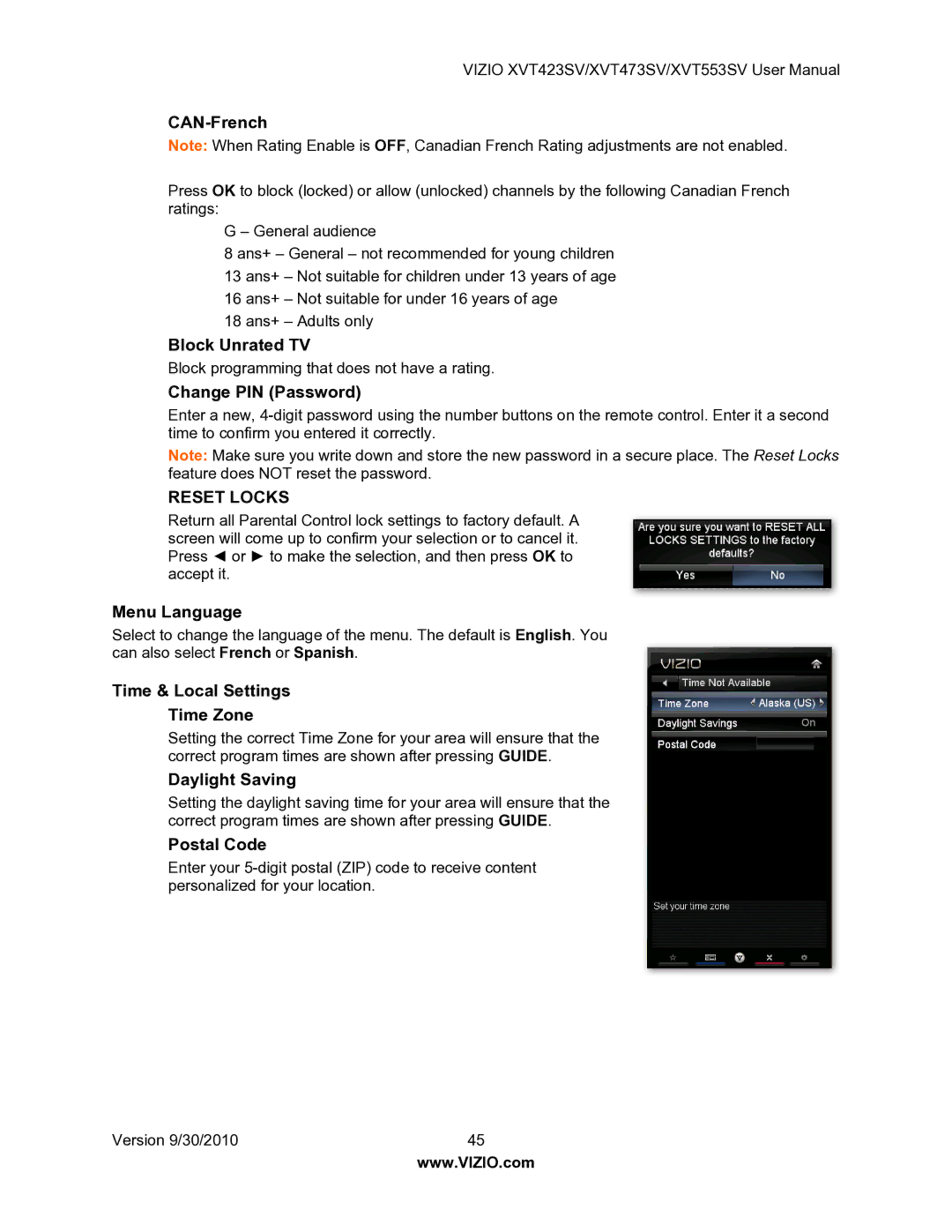 Vizio XVT553SV manual CAN-French, Block Unrated TV, Change PIN Password, Menu Language, Time & Local Settings Time Zone 