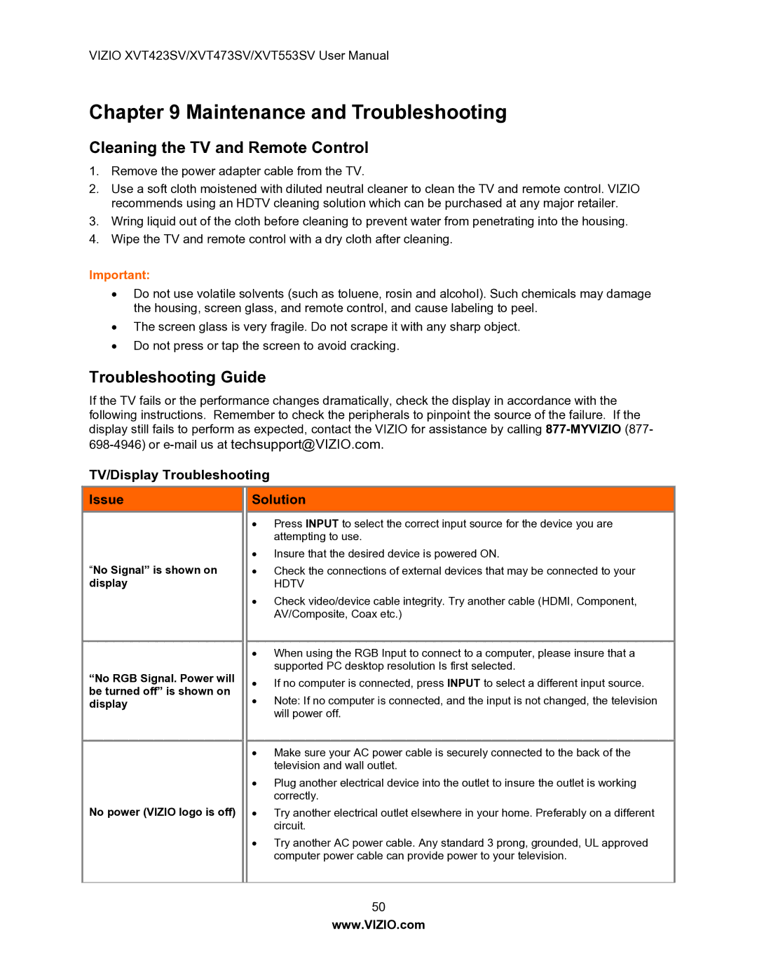 Vizio XVT553SV manual Maintenance and Troubleshooting, Cleaning the TV and Remote Control, Troubleshooting Guide 