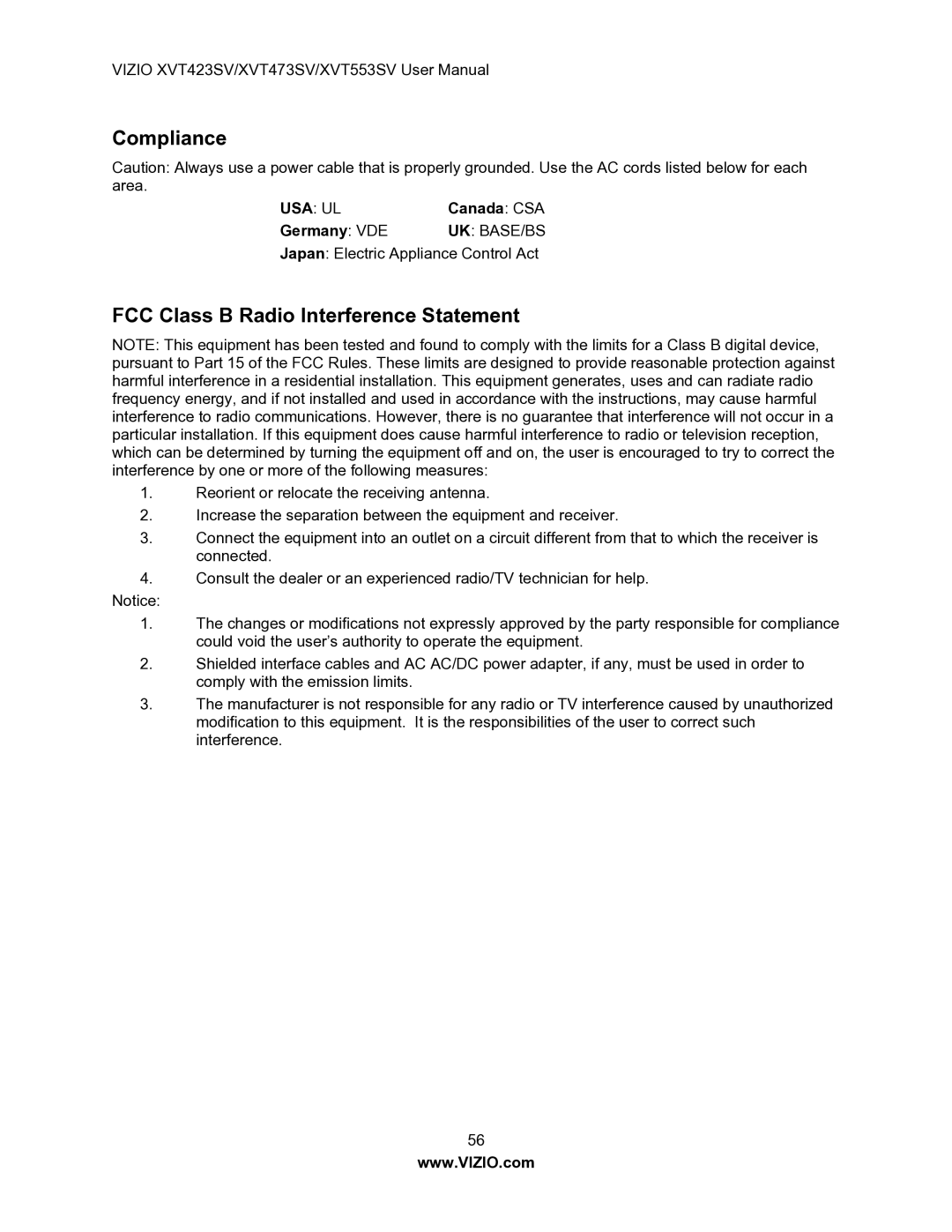 Vizio XVT553SV manual Compliance, FCC Class B Radio Interference Statement 