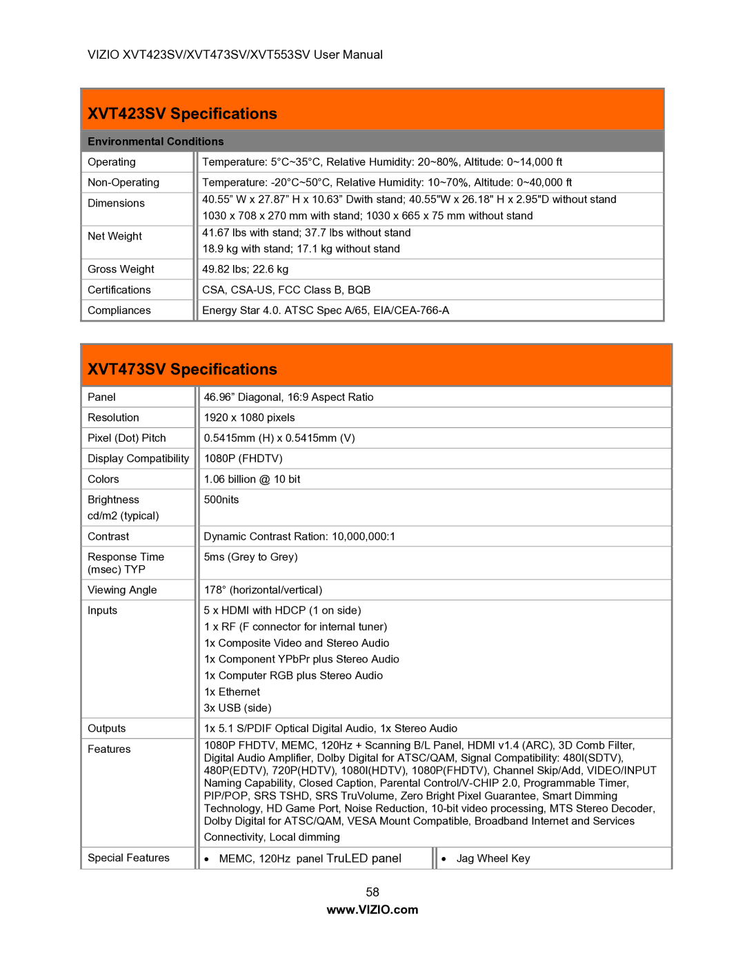 Vizio XVT553SV manual XVT473SV Specifications, Environmental Conditions 