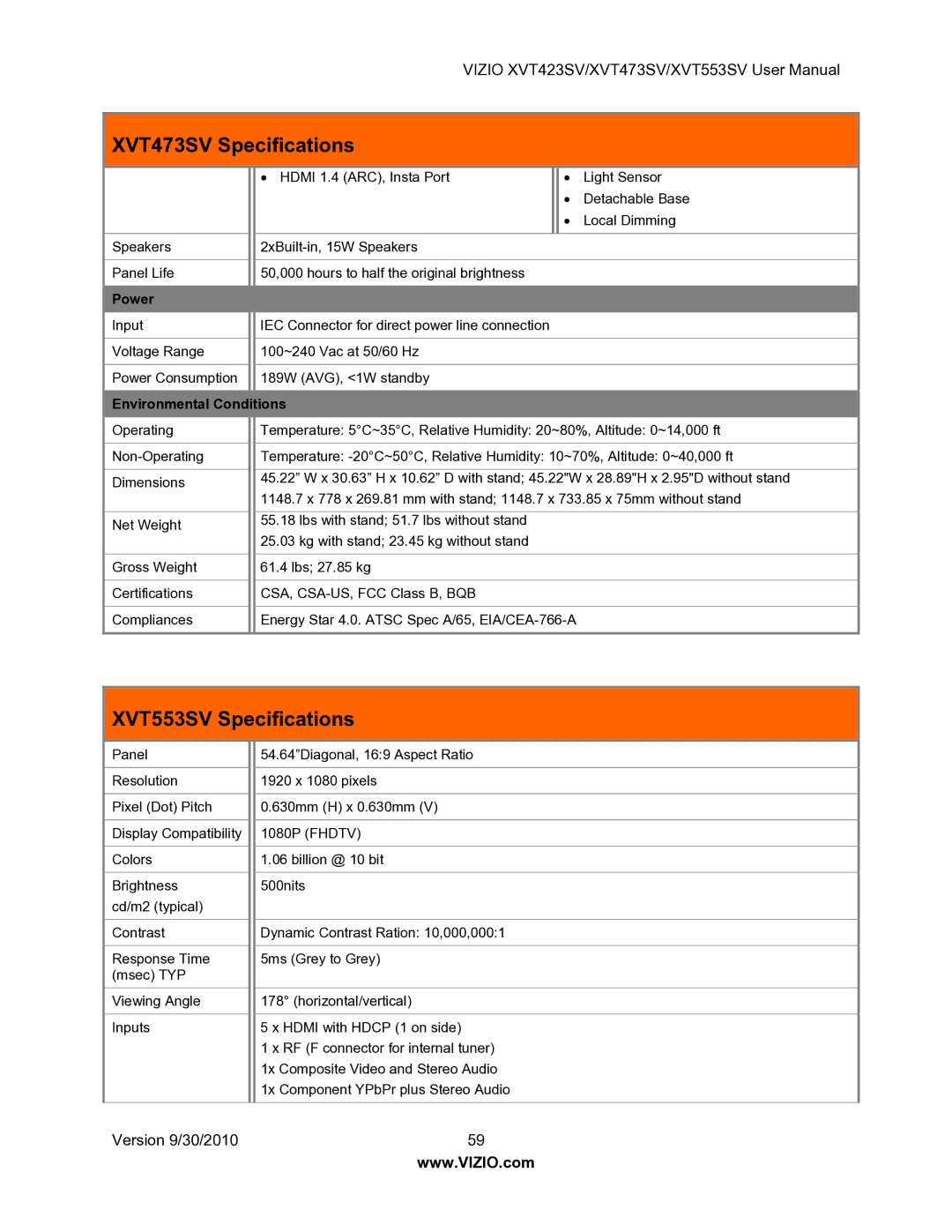 Vizio manual XVT553SV Specifications 