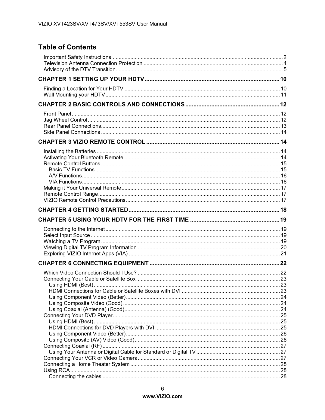 Vizio XVT553SV manual Table of Contents 