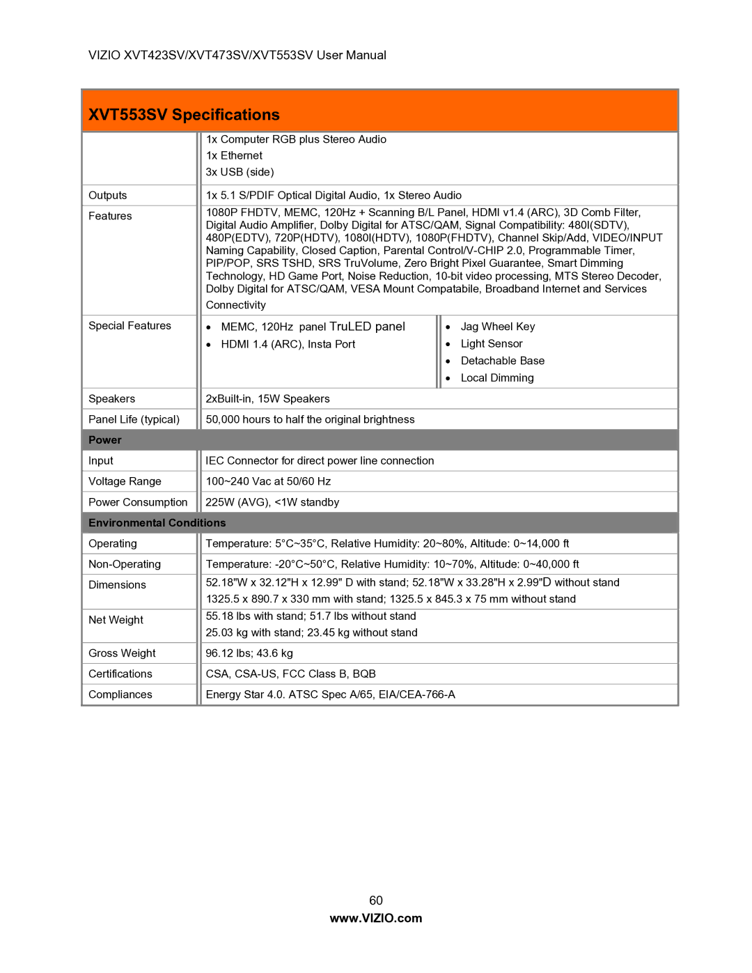 Vizio manual XVT553SV Specifications 