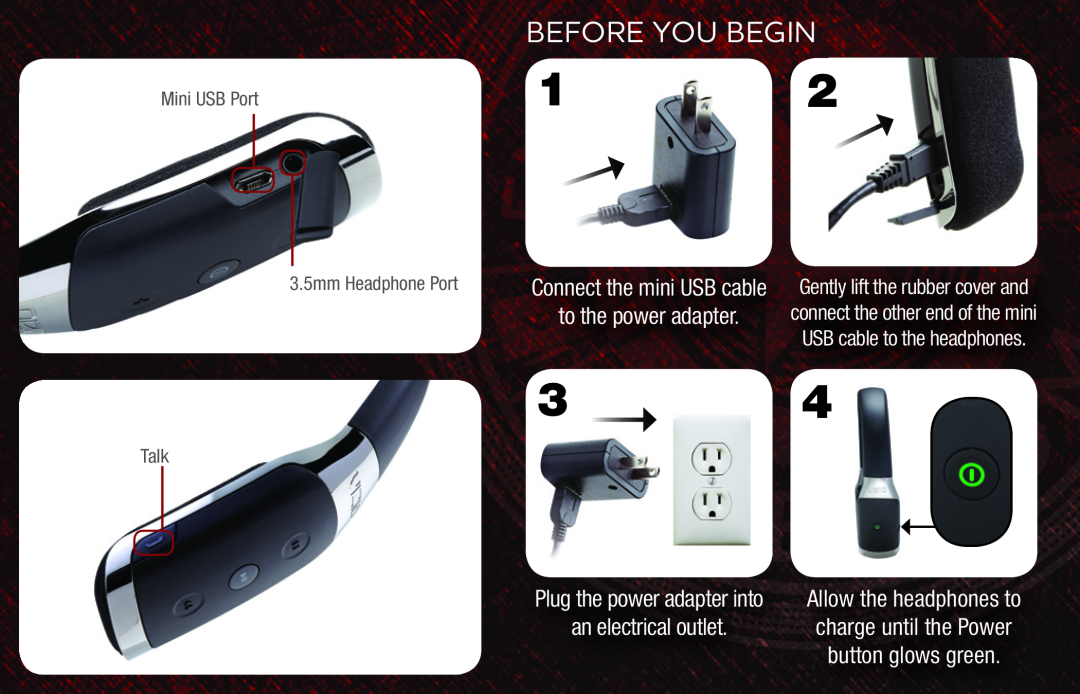 Vizio XVTHB100 quick start Before You Begin, Plug the power adapter into, Allow the headphones to, Mini USB Port 