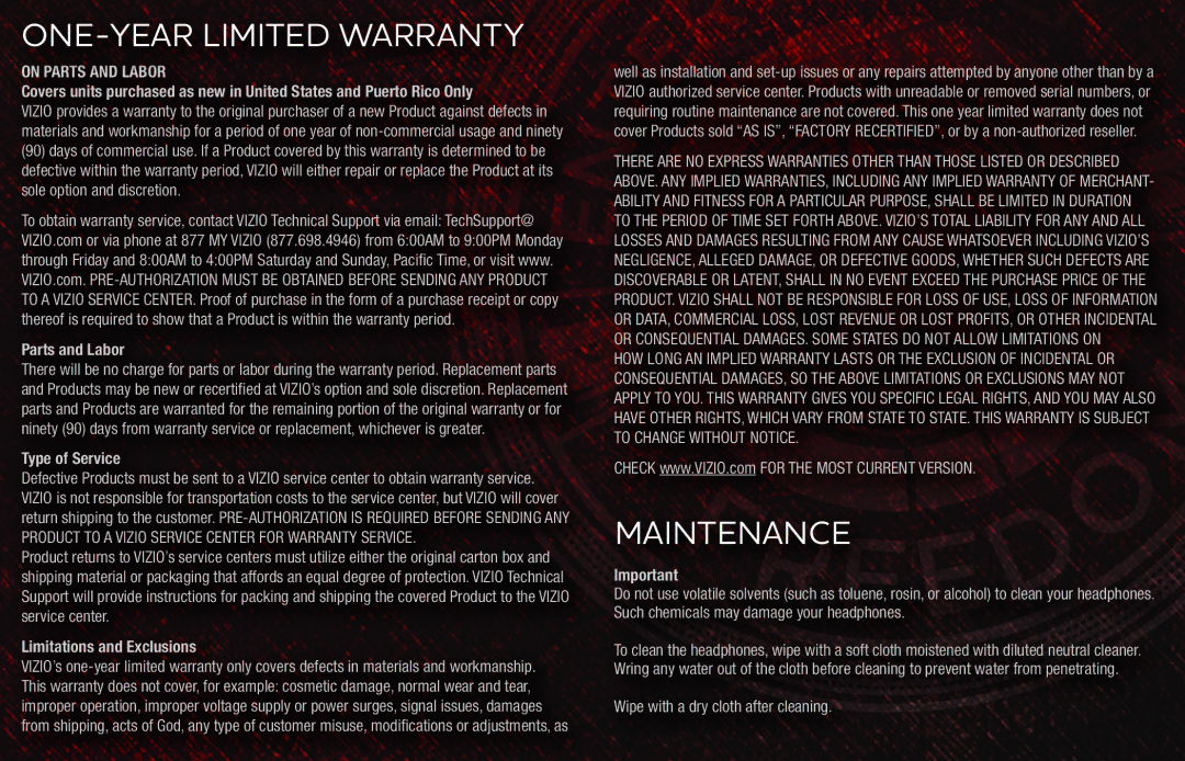 Vizio XVTHB100 quick start ONE-YEAR Limited Warranty, Maintenance 