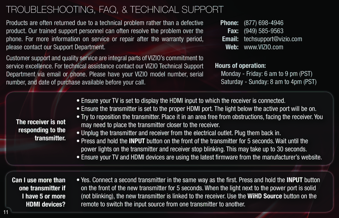 Vizio XWH200 quick start TROUBLESHOOTING, FAQ, & Technical Support 