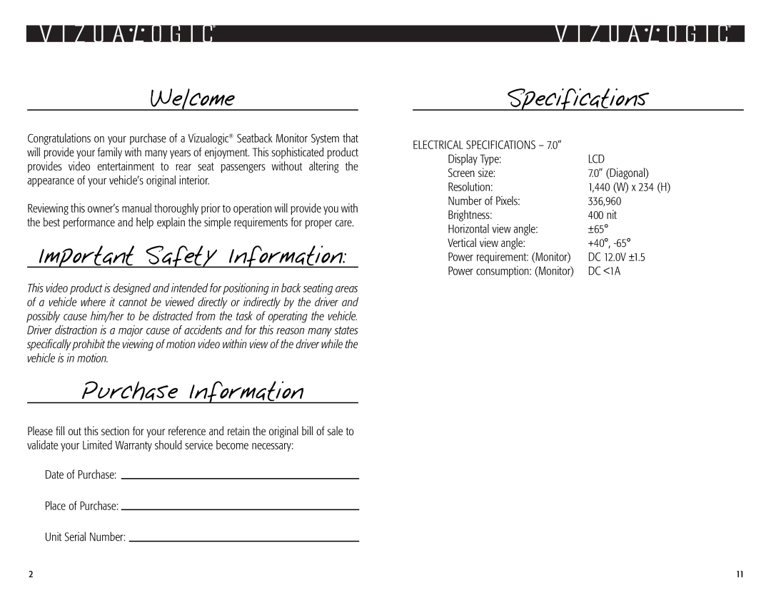 Vizualogic 2003 owner manual Welcome, Important Safety Information, Purchase Information, Specifications, Lcd 