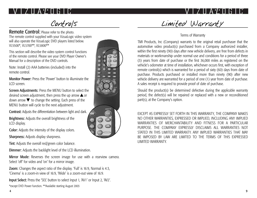 Vizualogic 2003 owner manual Controls, Limited Warranty 