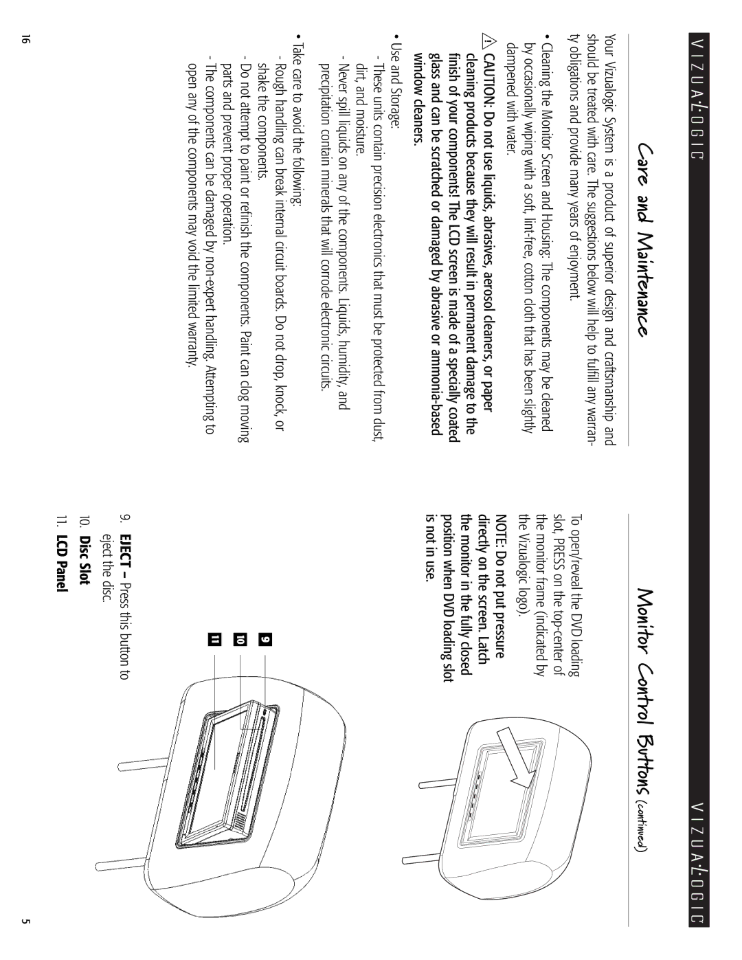 Vizualogic A-1000 owner manual Care and Maintenance, Monitor Control Buttons 