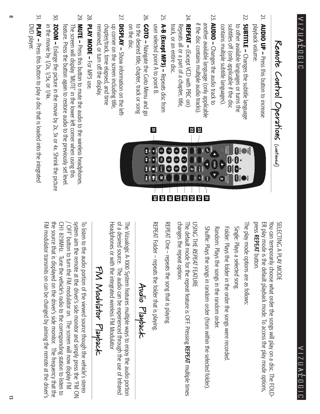 Vizualogic A-1000 owner manual Audio Playback, Selecting a Play Mode, Using the Repeat Feature 