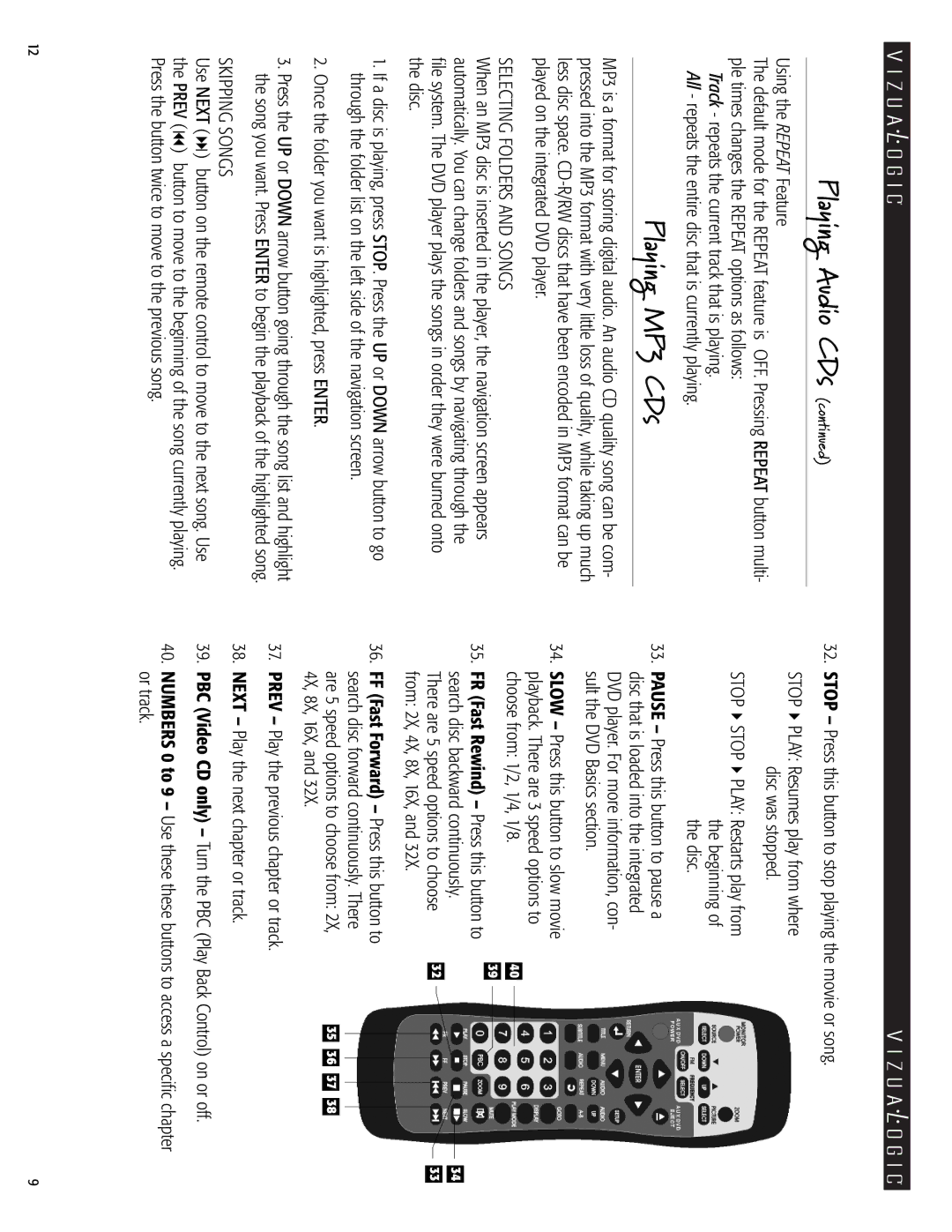 Vizualogic A-1000 owner manual Playing Audio CDs, Playing MP3 CDs, Selecting Folders and Songs, Skipping Songs Stop 