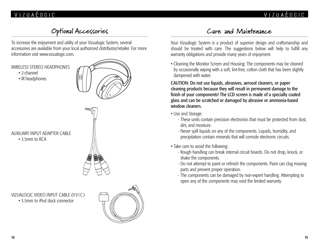 Vizualogic A 1150 Optional Accessories, Care and Maintenance, Wireless Stereo Headphones, Auxiliary Input Adapter Cable 