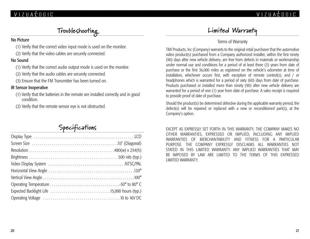 Vizualogic A 1250, A 1150 manual Troubleshooting, Limited Warranty, Terms of Warranty 