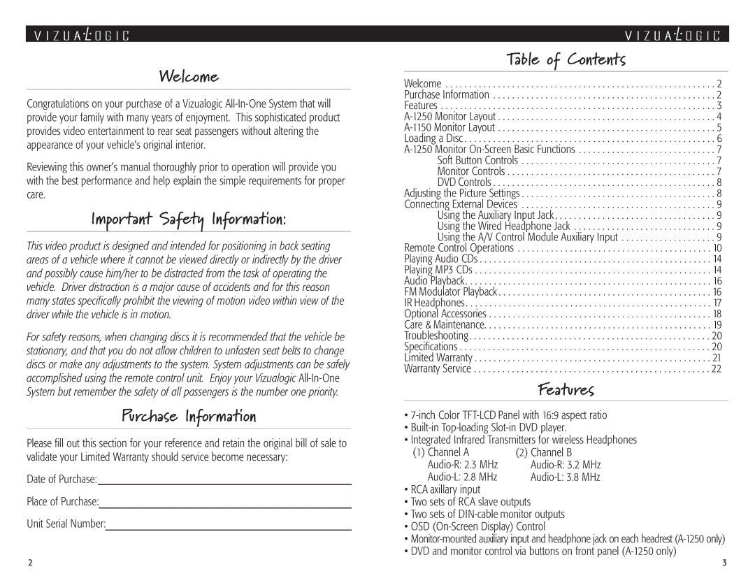 Vizualogic A 1150, A 1250 manual Welcome, Important Safety Information, Purchase Information, Table of Contents, Features 